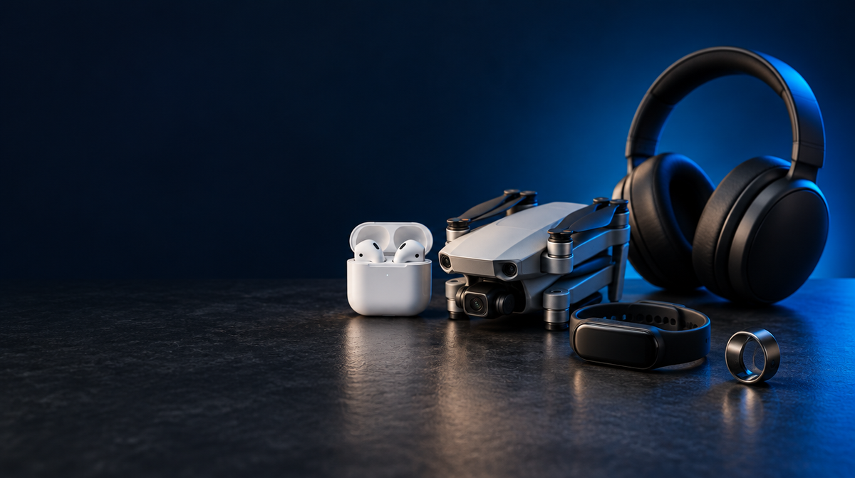 Earbuds, drone, headphones, fitness band and smart ring